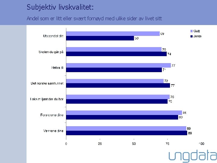 Subjektiv livskvalitet: Andel som er litt eller svært fornøyd med ulike sider av livet