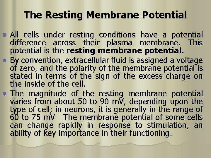 The Resting Membrane Potential All cells under resting conditions have a potential difference across