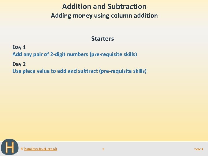 Addition and Subtraction Adding money using column addition Starters Day 1 Add any pair
