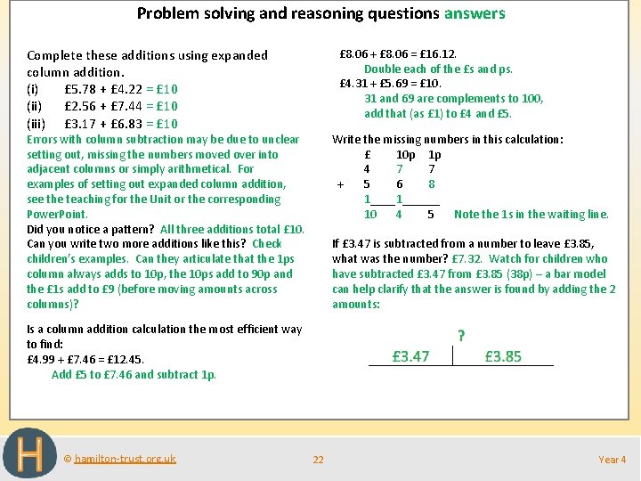 Problem solving and reasoning questions answers Complete these additions using expanded column addition. (i)