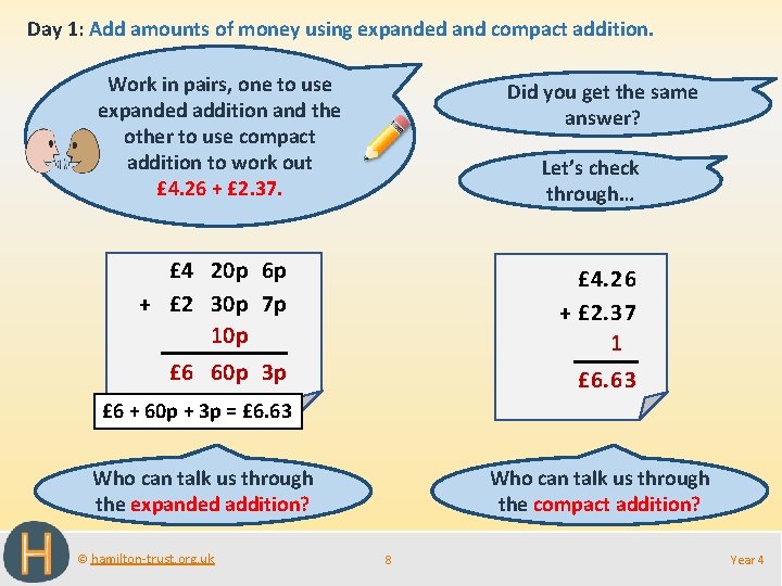Day 1: Add amounts of money using expanded and compact addition. Work in pairs,