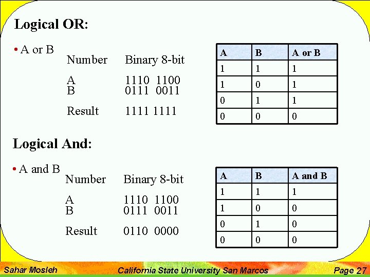 Logical OR: • A or B Number Binary 8 -bit A B 1110 1100