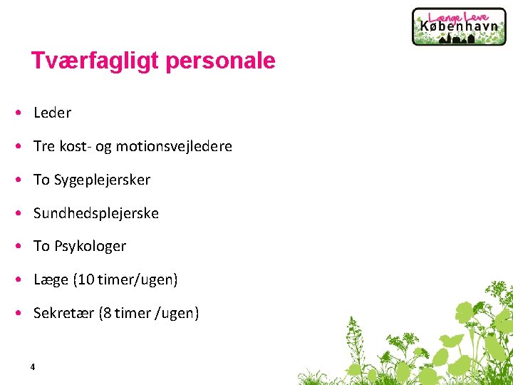 Tværfagligt personale • Leder • Tre kost- og motionsvejledere • To Sygeplejersker • Sundhedsplejerske