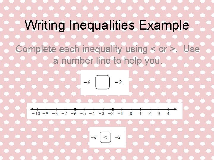 Writing Inequalities Example Complete each inequality using < or >. Use a number line Writing Inequalities Example Complete each inequality using < or >. Use a number line