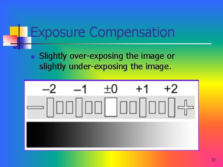 Exposure Compensation n Slightly over-exposing the image or slightly under-exposing the image. 10 