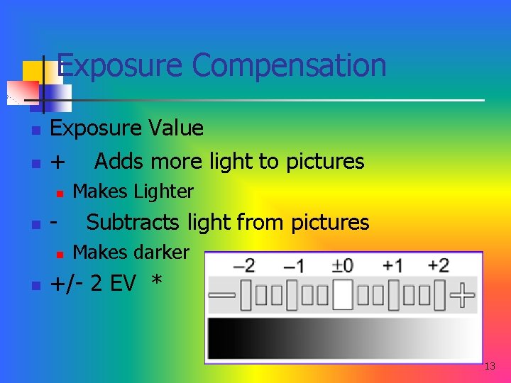 Exposure Compensation n n Exposure Value + Adds more light to pictures n n
