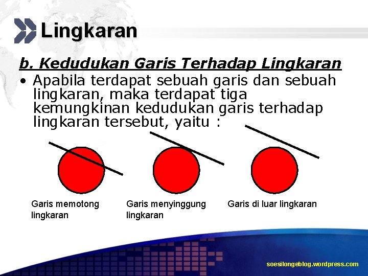 Lingkaran b. Kedudukan Garis Terhadap Lingkaran • Apabila terdapat sebuah garis dan sebuah lingkaran,