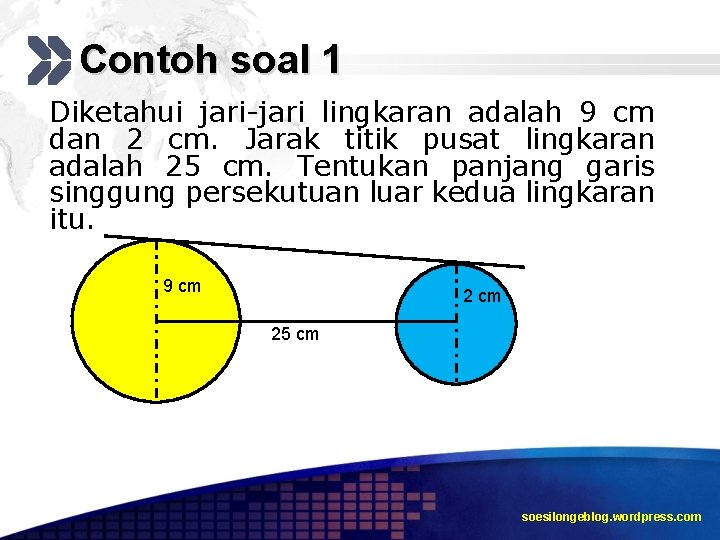 Contoh soal 1 Diketahui jari-jari lingkaran adalah 9 cm dan 2 cm. Jarak titik