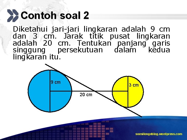 Contoh soal 2 Diketahui jari-jari lingkaran adalah 9 cm dan 3 cm. Jarak titik