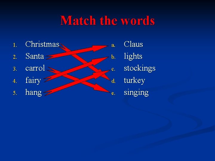 Match the words 1. 2. 3. 4. 5. Christmas Santa carrol fairy hang a.