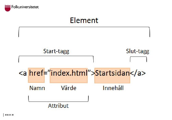 HTML-terminologi • En vanlig HTML-tagg, <a href> brukar skrivas som följande, • Hela denna
