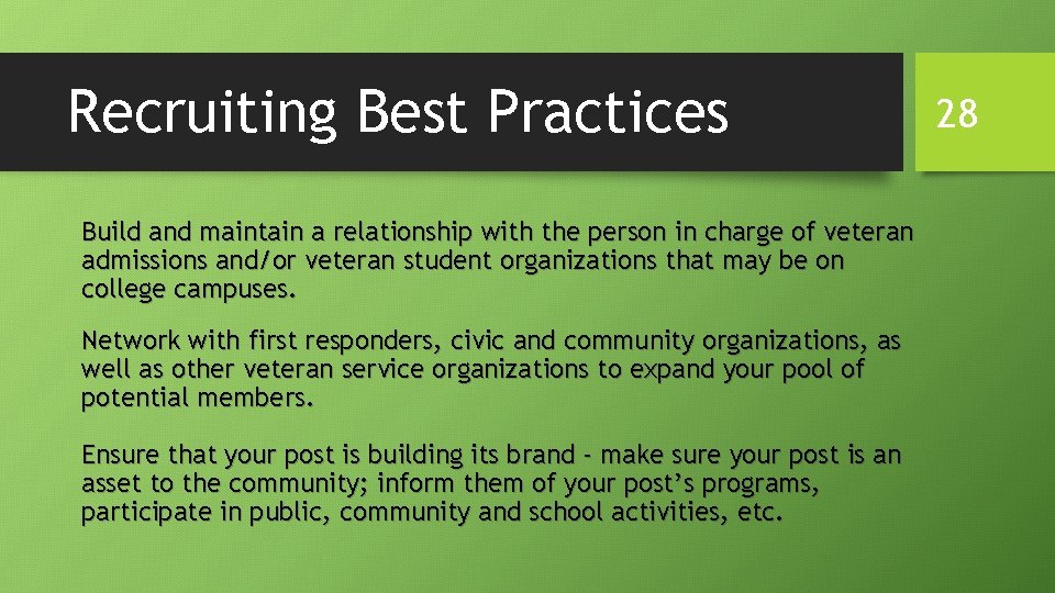 Recruiting Best Practices Build and maintain a relationship with the person in charge of Recruiting Best Practices Build and maintain a relationship with the person in charge of