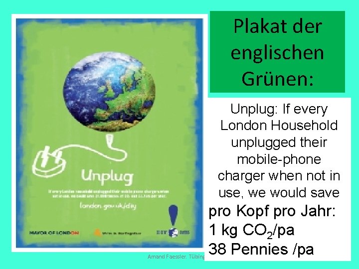 Plakat der englischen Grünen: Unplug: If every London Household unplugged their mobile-phone charger when
