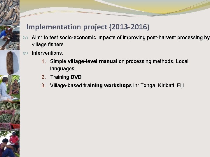 Implementation project (2013 -2016) Aim: to test socio-economic impacts of improving post-harvest processing by
