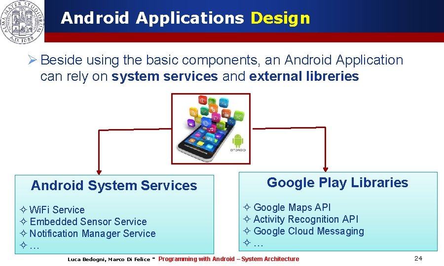 Android Applications Design Ø Beside using the basic components, an Android Application can rely