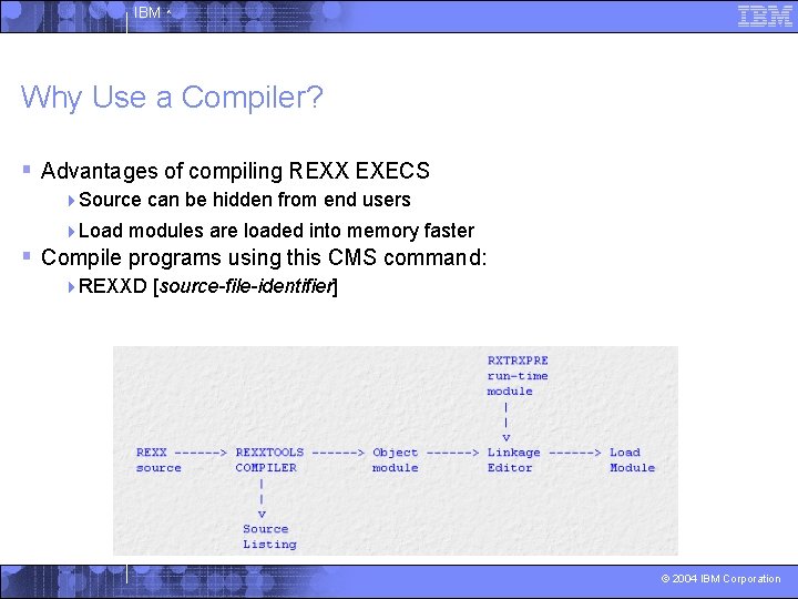 IBM ^ Why Use a Compiler? § Advantages of compiling REXX EXECS 4 Source