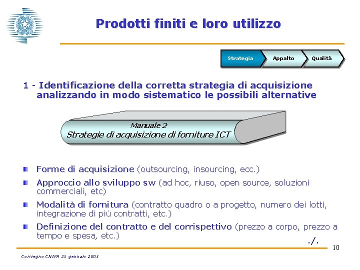 Prodotti finiti e loro utilizzo Strategia Appalto Qualità 1 - Identificazione della corretta strategia