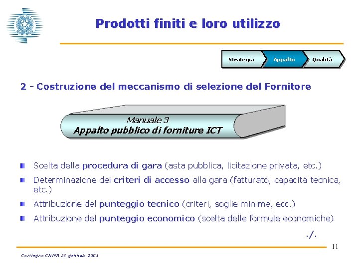 Prodotti finiti e loro utilizzo Strategia Appalto Qualità 2 - Costruzione del meccanismo di