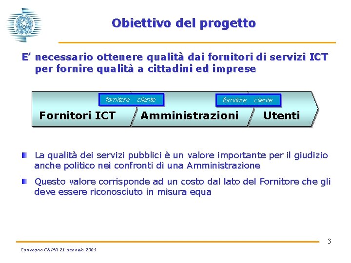 Obiettivo del progetto E’ necessario ottenere qualità dai fornitori di servizi ICT per fornire