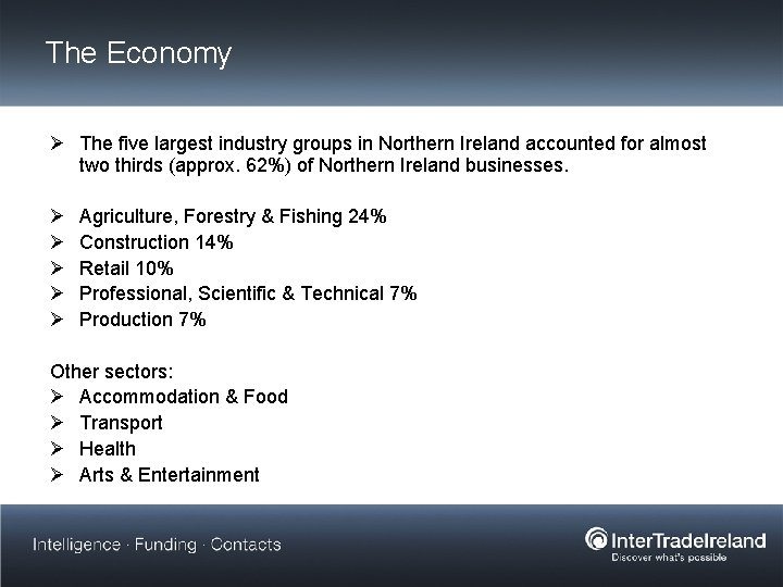 The Economy Ø The five largest industry groups in Northern Ireland accounted for almost