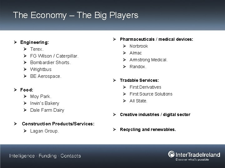 The Economy – The Big Players Ø Engineering: Ø Terex. Ø FG Wilson /