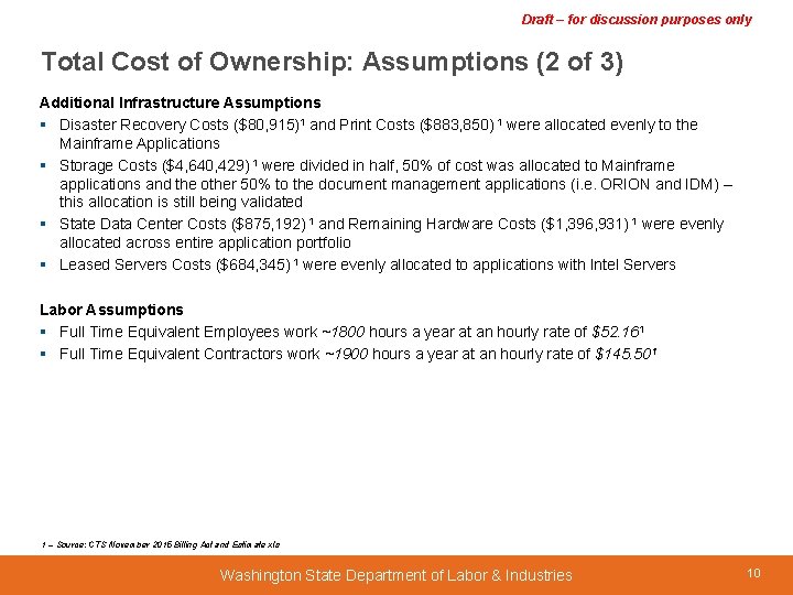 Draft – for discussion purposes only Total Cost of Ownership: Assumptions (2 of 3)