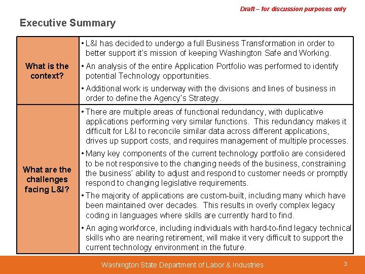 Draft – for discussion purposes only Executive Summary • L&I has decided to undergo