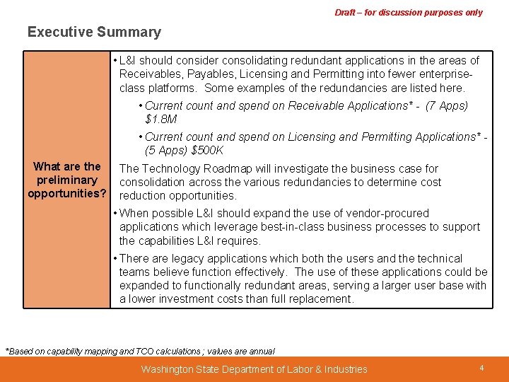 Draft – for discussion purposes only Executive Summary • L&I should consider consolidating redundant