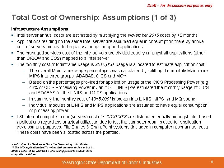 Draft – for discussion purposes only Total Cost of Ownership: Assumptions (1 of 3)