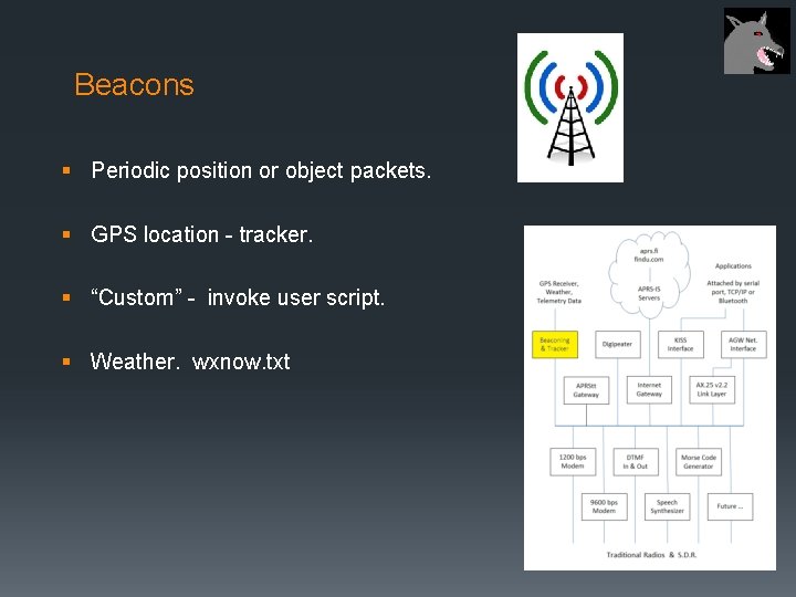 Beacons § Periodic position or object packets. § GPS location - tracker. § “Custom”