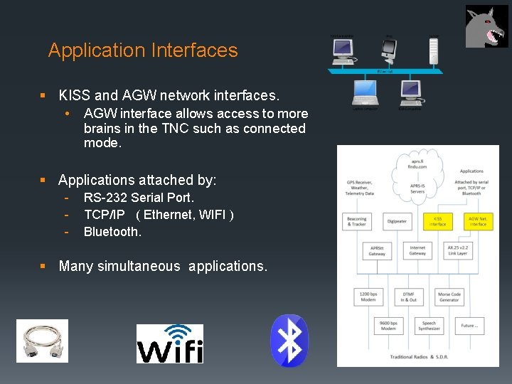 Application Interfaces § KISS and AGW network interfaces. • AGW interface allows access to