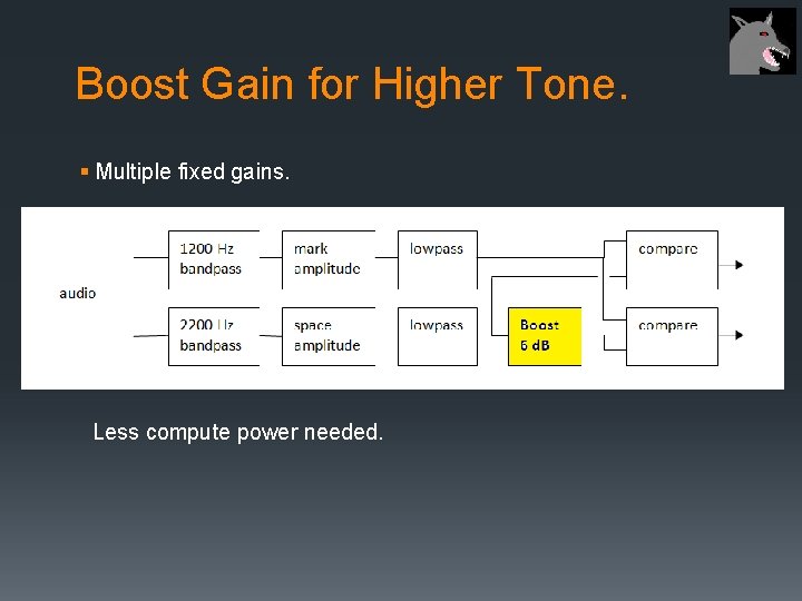 Boost Gain for Higher Tone. § Multiple fixed gains. Less compute power needed. 