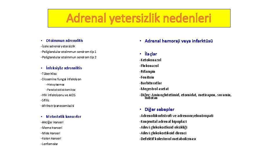 Adrenal yetersizlik nedenleri • Otoimmun adrenalitis • Adrenal hemoraji veya infarktüsü -İzole adrenal yetersizlik
