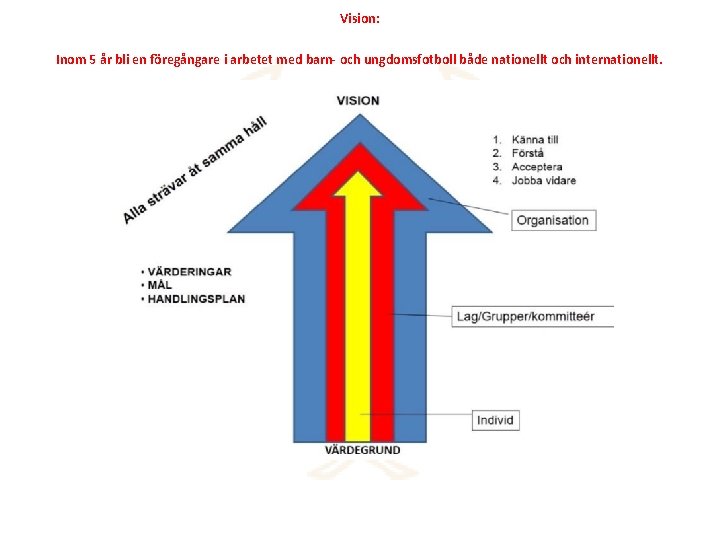 Vision: Inom 5 år bli en föregångare i arbetet med barn- och ungdomsfotboll både