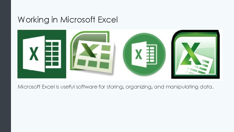 Working in Microsoft Excel is useful software for storing, organizing, and manipulating data. 