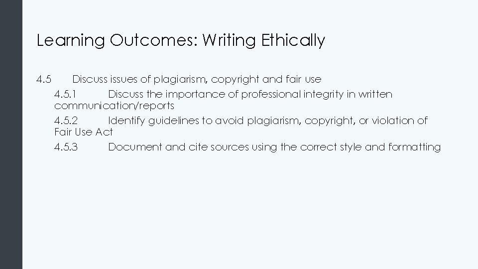 Learning Outcomes: Writing Ethically 4. 5 Discuss issues of plagiarism, copyright and fair use