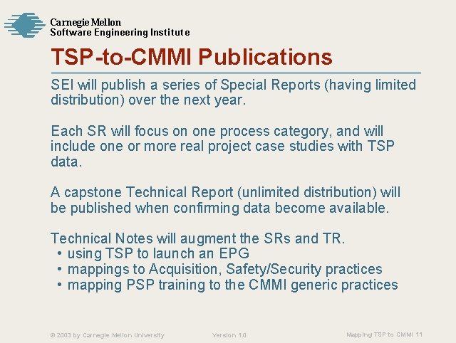 Carnegie Mellon Softw are Engineering Institute TSP-to-CMMI Publications SEI will publish a series of