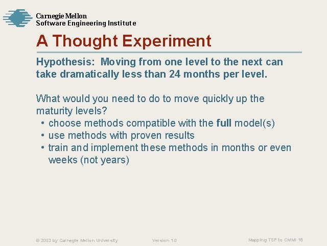 Carnegie Mellon Softw are Engineering Institute A Thought Experiment Hypothesis: Moving from one level