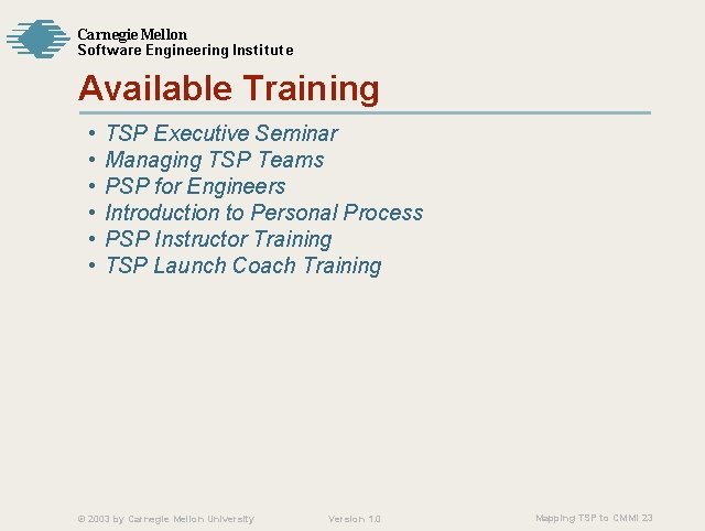 Carnegie Mellon Softw are Engineering Institute Available Training • • • TSP Executive Seminar