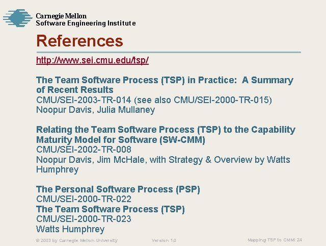 Carnegie Mellon Softw are Engineering Institute References http: //www. sei. cmu. edu/tsp/ The Team