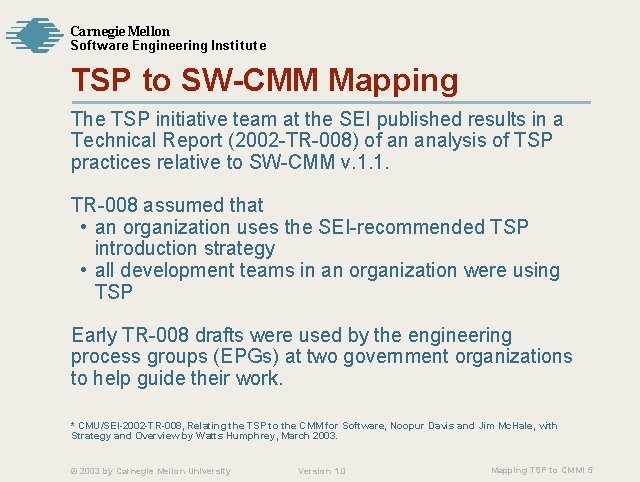 Carnegie Mellon Softw are Engineering Institute TSP to SW-CMM Mapping The TSP initiative team