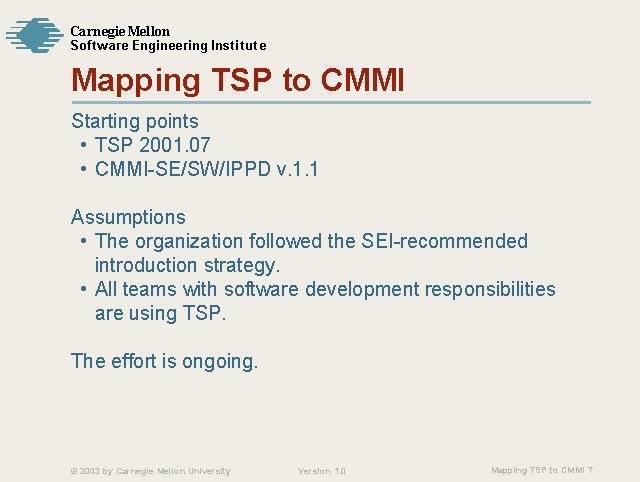 Carnegie Mellon Softw are Engineering Institute Mapping TSP to CMMI Starting points • TSP