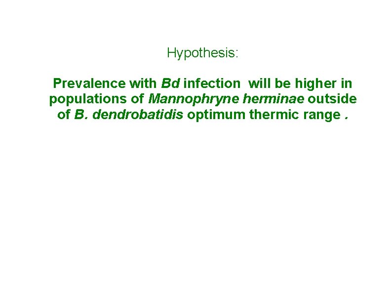 Hypothesis: Prevalence with Bd infection will be higher in populations of Mannophryne herminae outside