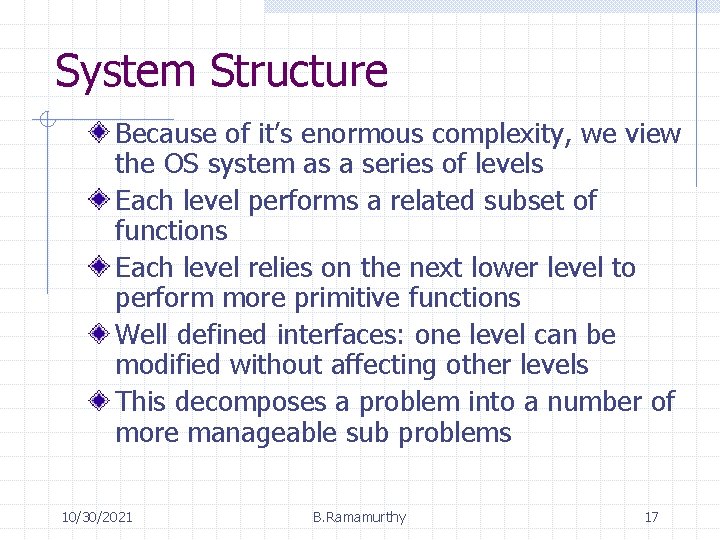 System Structure Because of it’s enormous complexity, we view the OS system as a System Structure Because of it’s enormous complexity, we view the OS system as a