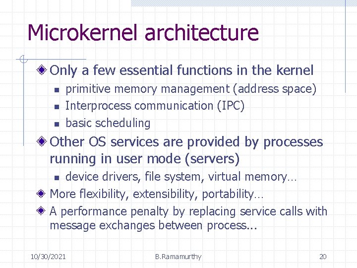 Microkernel architecture Only a few essential functions in the kernel n n n primitive Microkernel architecture Only a few essential functions in the kernel n n n primitive