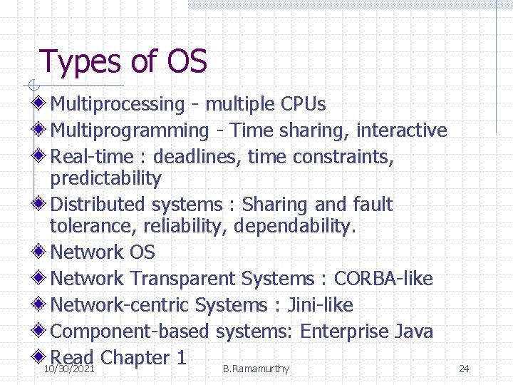 Types of OS Multiprocessing - multiple CPUs Multiprogramming - Time sharing, interactive Real-time : Types of OS Multiprocessing - multiple CPUs Multiprogramming - Time sharing, interactive Real-time :