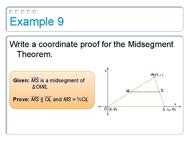 Example 9 Write a coordinate proof for the Midsegment Theorem. Given: MS is a
