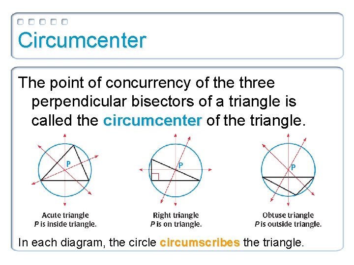 Circumcenter The point of concurrency of the three perpendicular bisectors of a triangle is