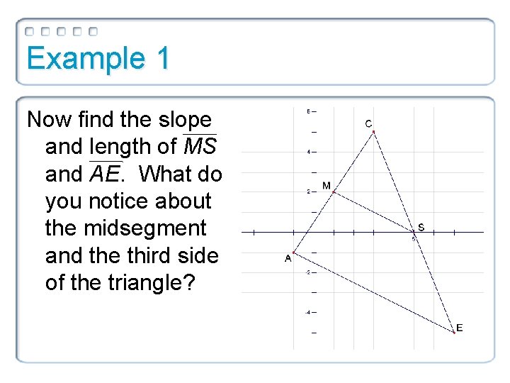 Example 1 Now find the slope and length of MS and AE. What do