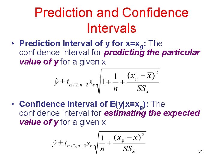 Prediction and Confidence Intervals • Prediction Interval of y for x=xg: The confidence interval Prediction and Confidence Intervals • Prediction Interval of y for x=xg: The confidence interval